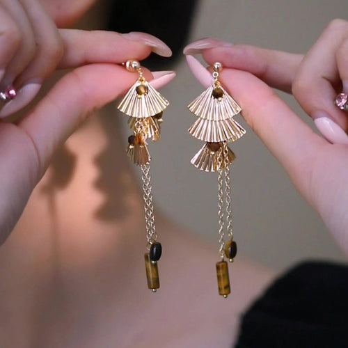 Copper Tiger Eye Ginkgo Leaf Tassel Drop Earrings Vintage OL Style