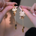 Copper Tiger Eye Ginkgo Leaf Tassel Drop Earrings Vintage OL Style view 3