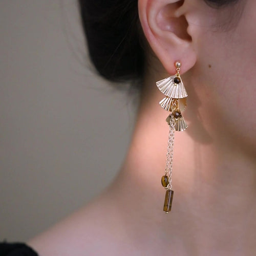 Copper Tiger Eye Ginkgo Leaf Tassel Drop Earrings Vintage OL Style