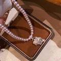 French Style Faux Pearl Flower Basket Pendant Sweater Necklace Light Luxury Geometric Collarbone Chain view 3