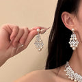 Rhinestone Flower Faux Pearl Necklace And Stud Earrings Jewelry Set Elegant Court Style view 3