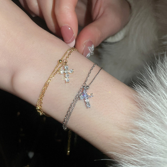 French Light Luxury Copper Zircon Cross Star Geometric Bangle Elegant Women's Jewelry