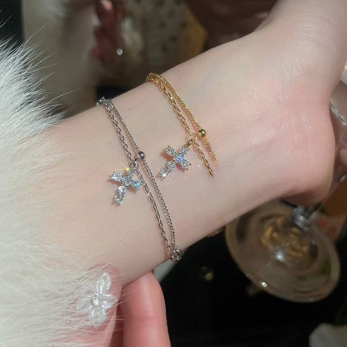 French Light Luxury Copper Zircon Cross Star Geometric Bangle Elegant Women's Jewelry