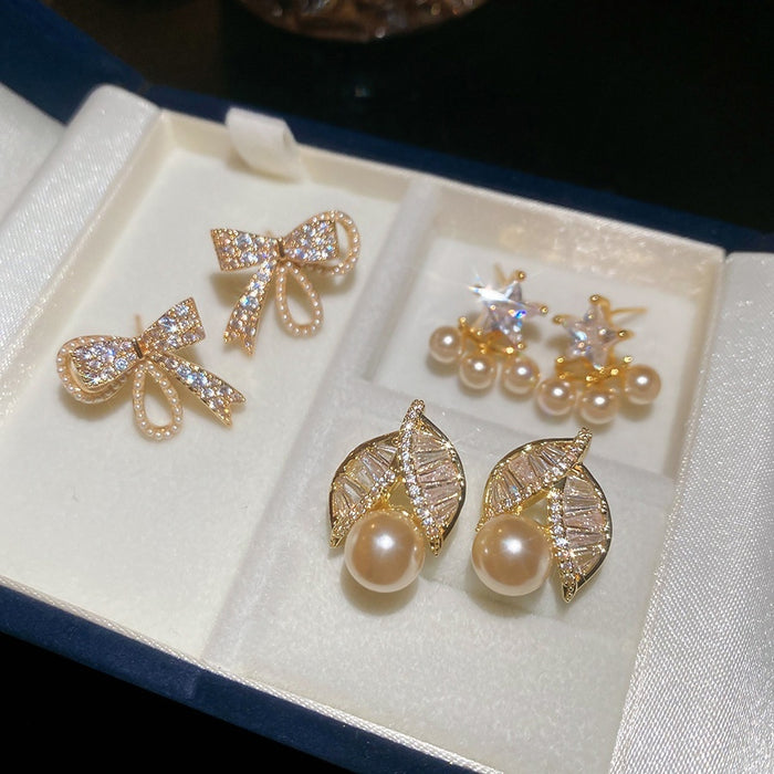 Gold Plated Silver Needle Zircon Star Faux Pearl Stud Earrings Elegant Light Luxury Style