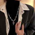 Sweet Cool Faux Pearl Rhinestone Cross Sweater Necklace For Women, Geometric Light Luxury Choker view 1
