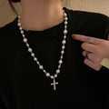 Sweet Cool Faux Pearl Rhinestone Cross Sweater Necklace For Women, Geometric Light Luxury Choker view 2