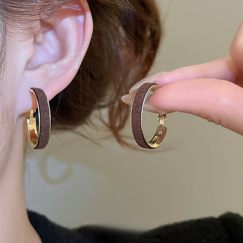 Korean Velvet Round Hoop Earrings With Silver Pins, Retro Maillard Minimalist Geometric Jewelry