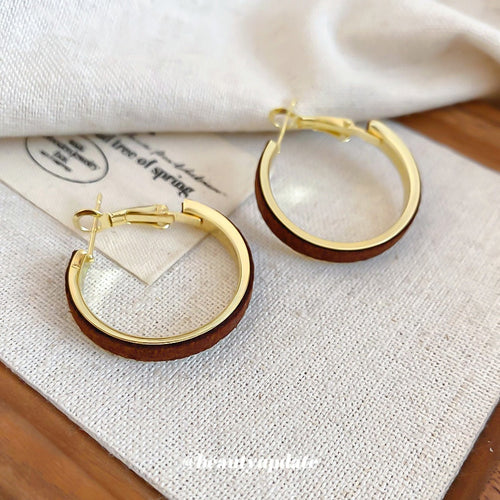 Korean Velvet Round Hoop Earrings With Silver Pins, Retro Maillard Minimalist Geometric Jewelry