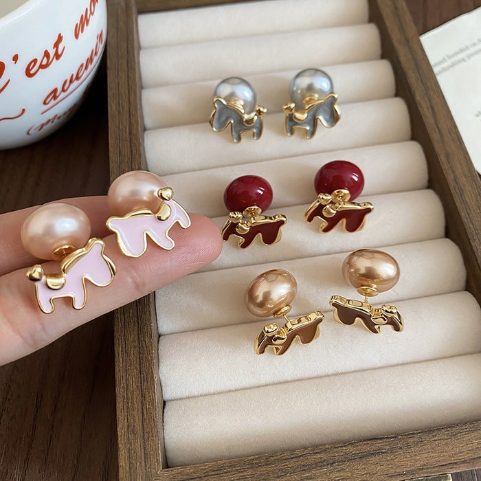 Light Luxury Gold Plated Silver Needle Enamel Horse Faux Pearl Stud Earrings