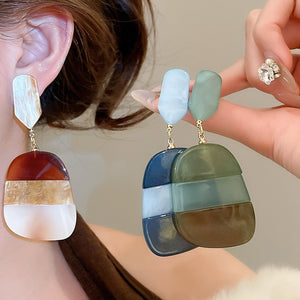 Fashion OL Style Acetate Oval Geometric Pendant Silver Needle Drop Earrings For Women