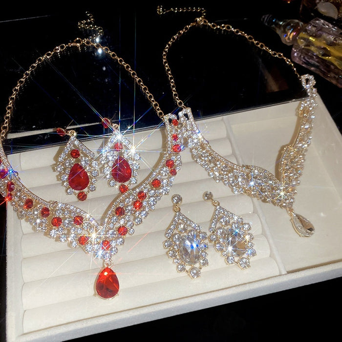 Court Style Alloy Rhinestone Waterdrop Stud Earrings Necklace Jewelry Set Vintage Elegant Luxury