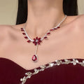 Copper Zircon Flower Waterdrop Stud Earrings And Necklace Jewelry Set Light Luxury Fashion view 2