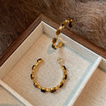 Gold Plated Tiger Eye Faux Pearl Round Geometric Maillard Vintage Stud Earrings For Women view 2