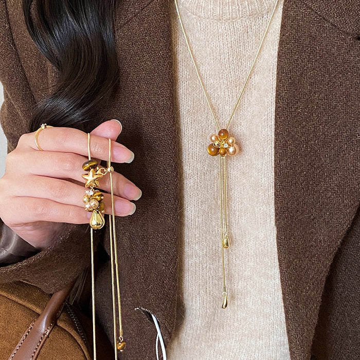 Maillard Retro Faux Pearl Tiger Eye Star Waterdrop Sweater Necklace Light Luxury Pendant