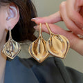 Metal Smooth Leaf Drop Earrings With Silver Needle Geometric Diamond Statement Design view 2
