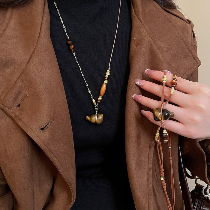 Maillard Style Tiger Eye Stone Wood Bead Gourd Sweater Necklace Vintage Ethnic Geometric Choker for Women