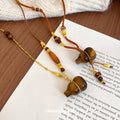 Maillard Style Tiger Eye Stone Wood Bead Gourd Sweater Necklace Vintage Ethnic Geometric Choker for Women view 4