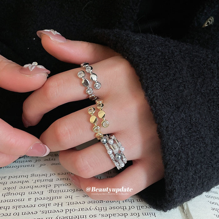 Light Luxury Triple Layer Faux Pearl Zircon Open Ring For Fashion Index Finger Jewelry