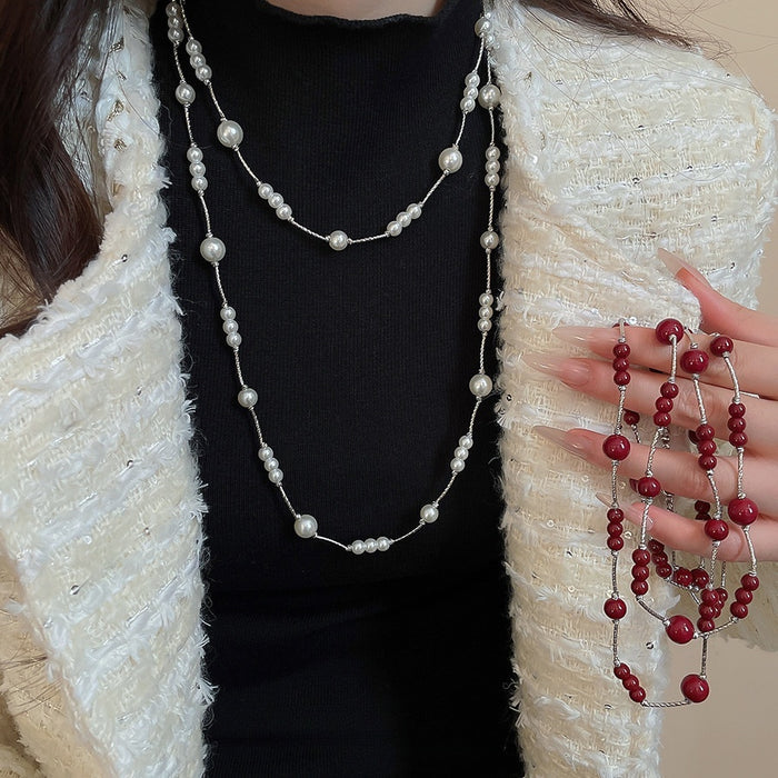 Old Money Faux Pearl Beaded Long Sweater Necklace Geometric Round Layered Chain Choker