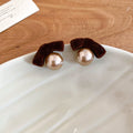 Light Luxury Flocked Bow Faux Pearl Stud Earrings For Women Autumn Winter Fashion Jewelry view 2