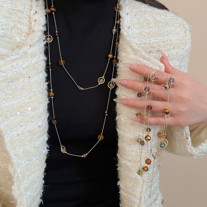 Maillard Style Faux Crystal Beaded Layered Sweater Necklace, Retro Ethnic Round Geometric Choker