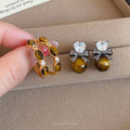 Gold Plated Tiger Eye Zircon Round Geometric Stud Earrings With Silver Pins Maillard Style view 1
