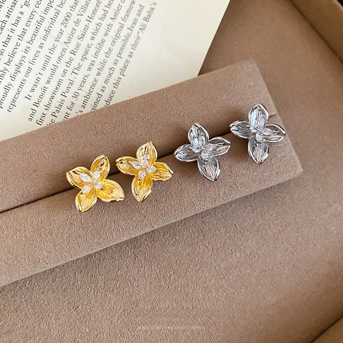 Copper Flower Stud Earrings With Zircon Inlay Silver Pins Light Luxury Style