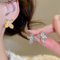 Copper Flower Stud Earrings With Zircon Inlay Silver Pins Light Luxury Style view 2