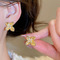 Copper Flower Stud Earrings With Zircon Inlay Silver Pins Light Luxury Style view 4