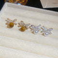 Gold Plated Silver Needle Zircon Tiger Eye Bow Stud Earrings Vintage Light Luxury Faux Pearl Jewelry view 1