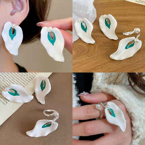 Alloy Calla Lily Petal Stud Earrings And Ring Jewelry Set With Silver Needle Posts