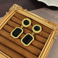 Vintage Luxury Black Square Geometric Acrylic Gem Gold Alloy Palace Style Statement Drop Earrings view 3