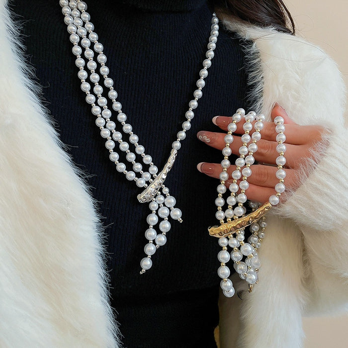 Light Luxury Faux Pearl Beaded Multilayer Asymmetric Geometric Sweater Necklace For Women