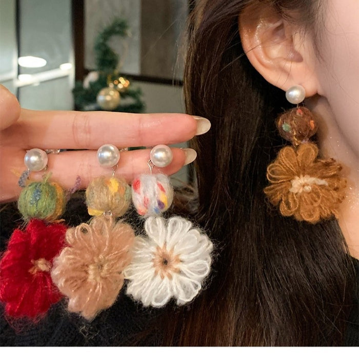 Sweet Yarn Flower Pearl Stud Earrings With Silver Posts Elegant Winter Floral Jewelry
