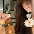 Sweet Yarn Flower Pearl Stud Earrings With Silver Posts Elegant Winter Floral Jewelry view 3