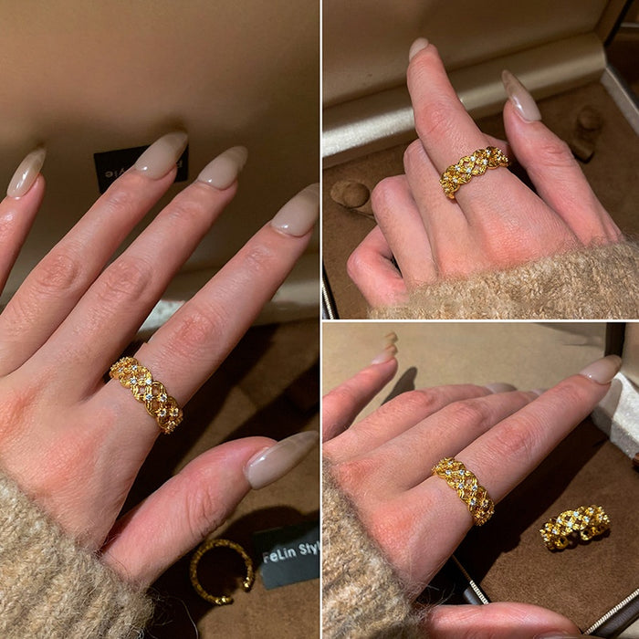 Gold Plated Copper Zircon Cross Openwork Adjustable Ring, French Elegant Geometric Style
