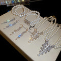 French Vintage Faux Pearl Rhinestone Tassel Necklace Stud Earrings Bracelet Jewelry Set for Women view 2