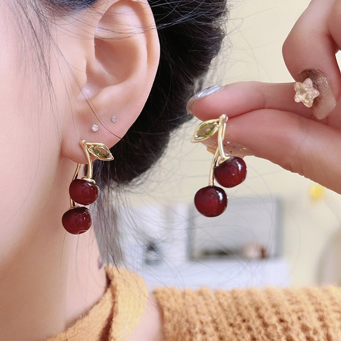 Resin Cherry Zircon Silver Post Drop Earrings For Women Fashion OL Sweet Luxury Jewelry