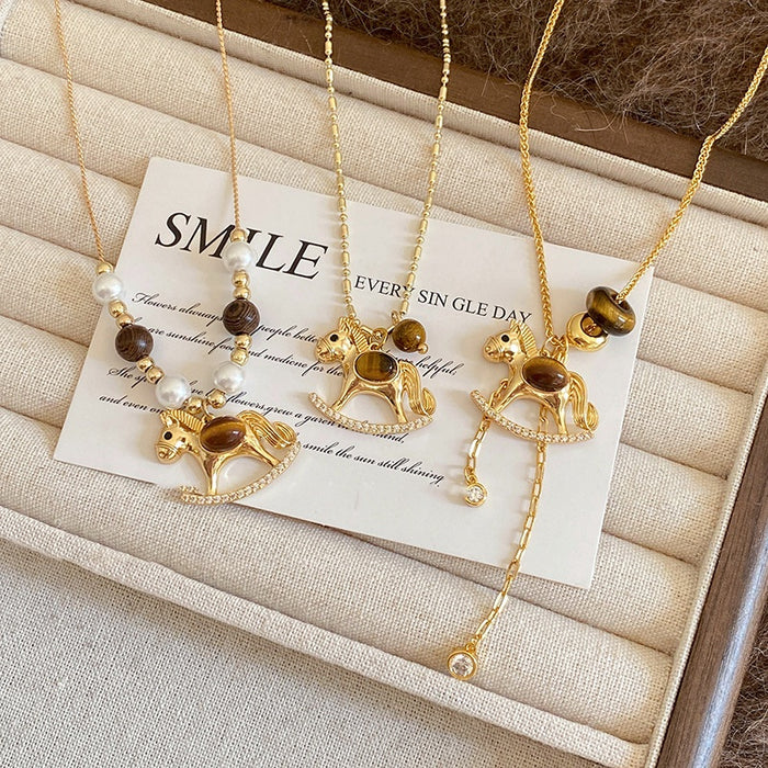 Light Luxury Faux Pearl Tiger Eye Zircon Pony Pendant Sweater Necklace For Women