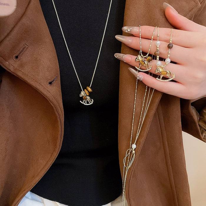Maillard Style Tiger Eye Zircon Horse Pendant Sweater Necklace For Daily Wear