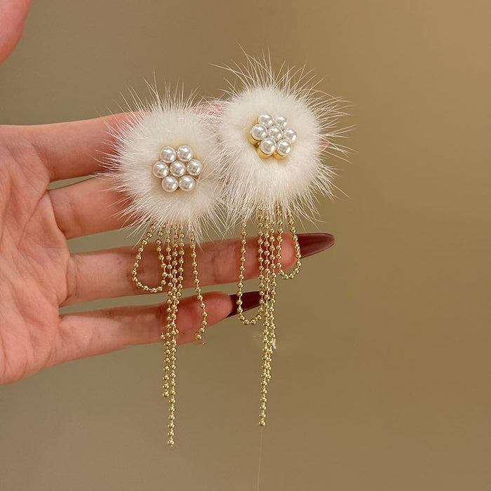 Faux Pearl Flower Fur Ball Tassel Drop Earrings For Women Fashion OL Round Geometric Stud Style