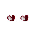 Vintage Hong Kong Style Red Velvet Heart Flower Crystal Rhinestone Irregular Statement Stud Earrings view 5
