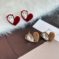 Vintage Hong Kong Style Red Velvet Heart Flower Crystal Rhinestone Irregular Statement Stud Earrings view 2