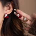 Vintage Hong Kong Style Red Velvet Heart Flower Crystal Rhinestone Irregular Statement Stud Earrings view 1