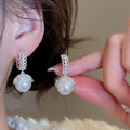French Vintage Round Faux Pearl Geometric Drop Earrings, Elegant Light Luxury OL Style view 4