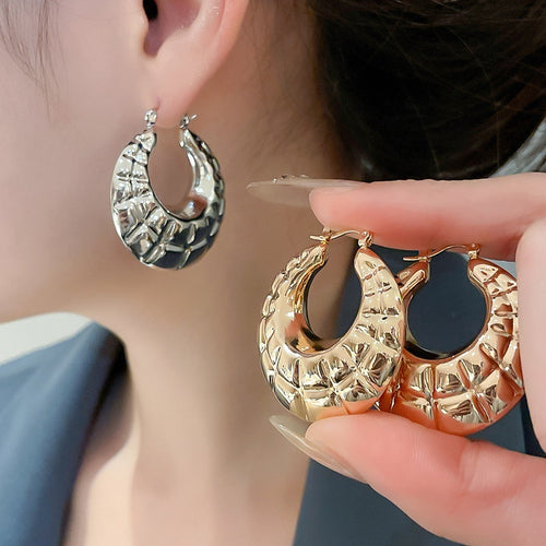Metal Smooth Textured Round Hoop Earrings For Women European Style Light Luxury Geometric Jewelry