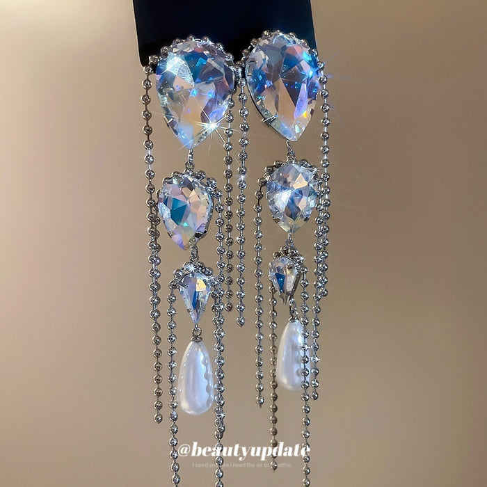 Rhinestone Tassel Teardrop Faux Pearl Drop Earrings With Silver Needle European Style