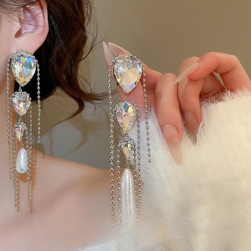 Rhinestone Tassel Teardrop Faux Pearl Drop Earrings With Silver Needle European Style