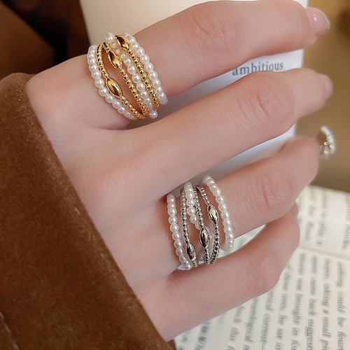 Gold Plated Multi Layer Faux Pearl Open Bangle Ring Light Luxury Geometric Jewelry