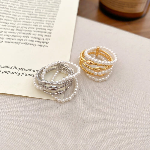 Gold Plated Multi Layer Faux Pearl Open Bangle Ring Light Luxury Geometric Jewelry